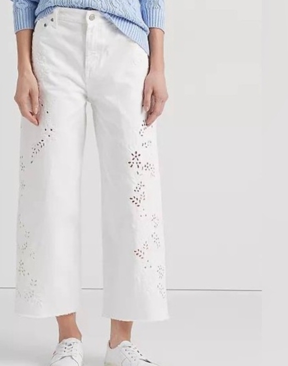 Ralph Lauren Floral Eyelet Embroided White Wide-Leg Jeans